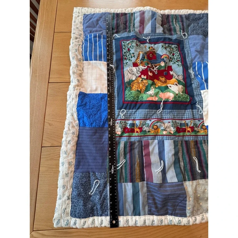 Vintage Noahs Ark Patchwork‎ Baby Quilt Blue Nursery OS Cottagecore Minimalist